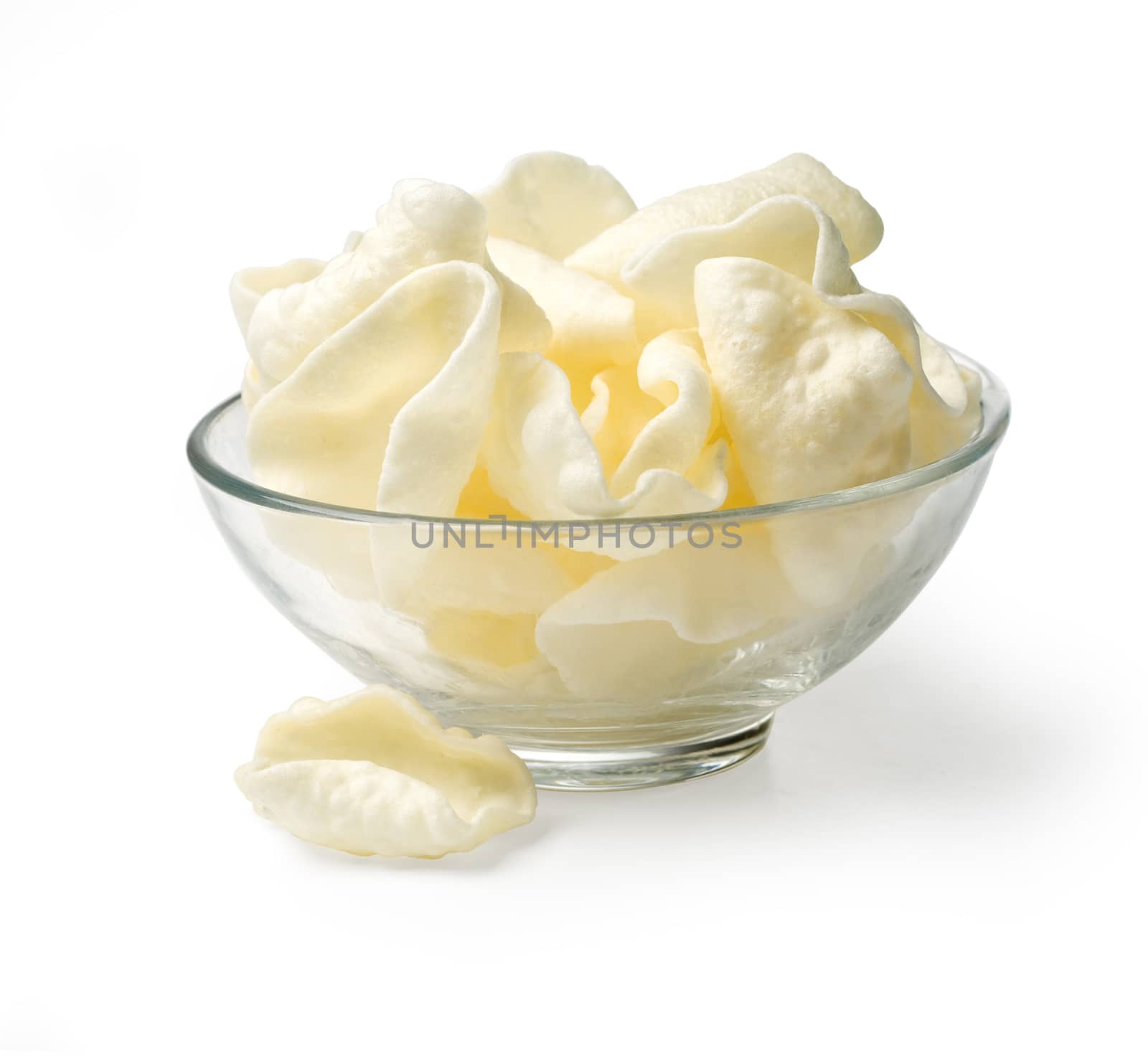  White Potato chips bowl isolated on white, clipping path included