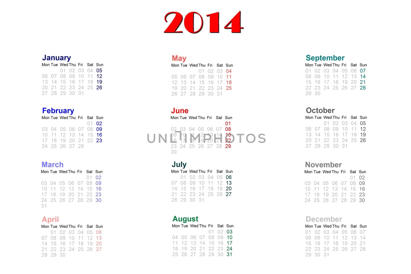 English calendar for 2014 on white background