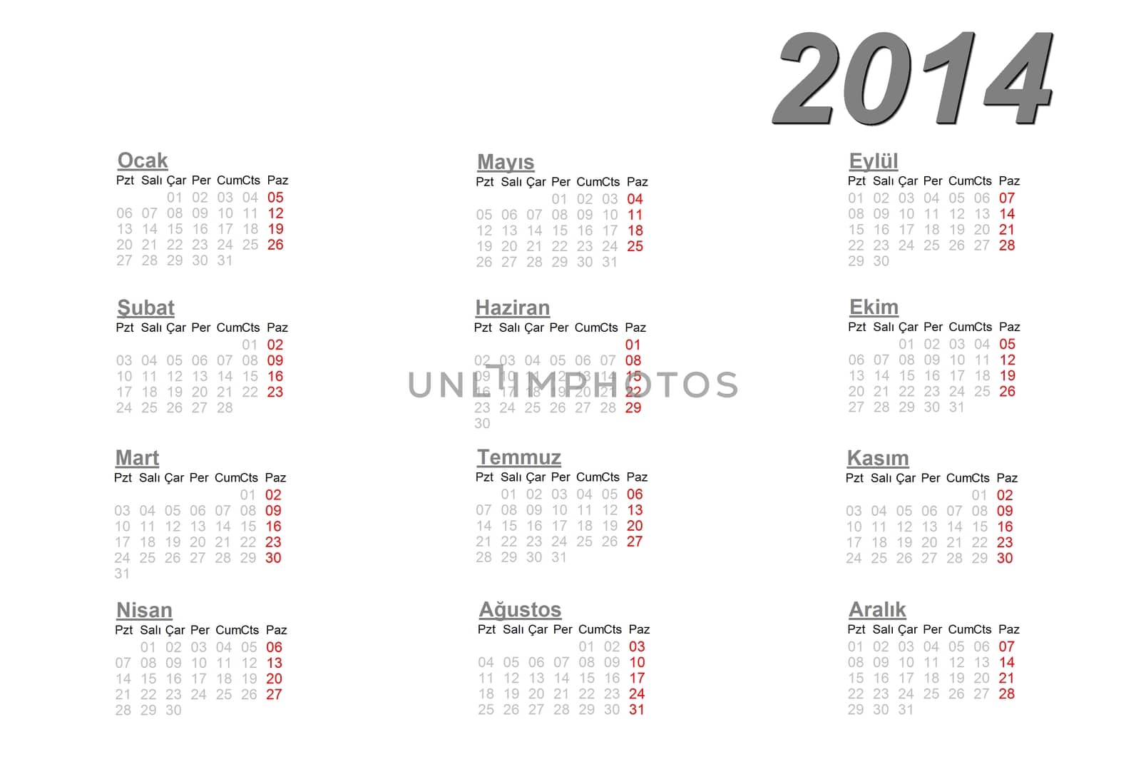 Turkish calendar for 2014 on white background