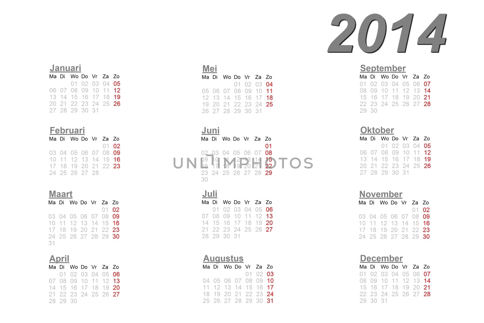 Dutch calendar for 2014 on white background