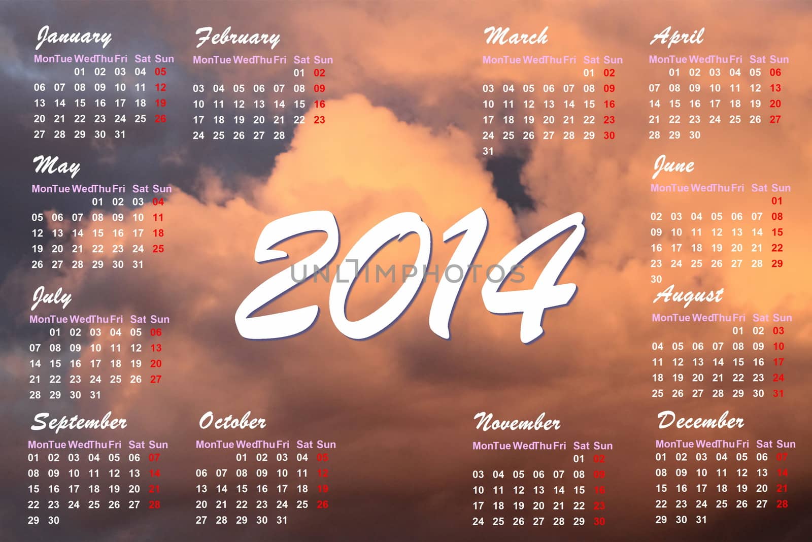 English 2014 monthly calendar and sunset clouds