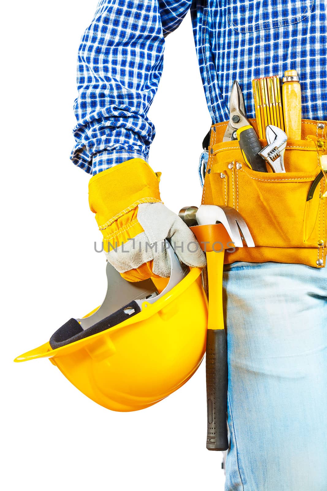 a helmet in hand of worker