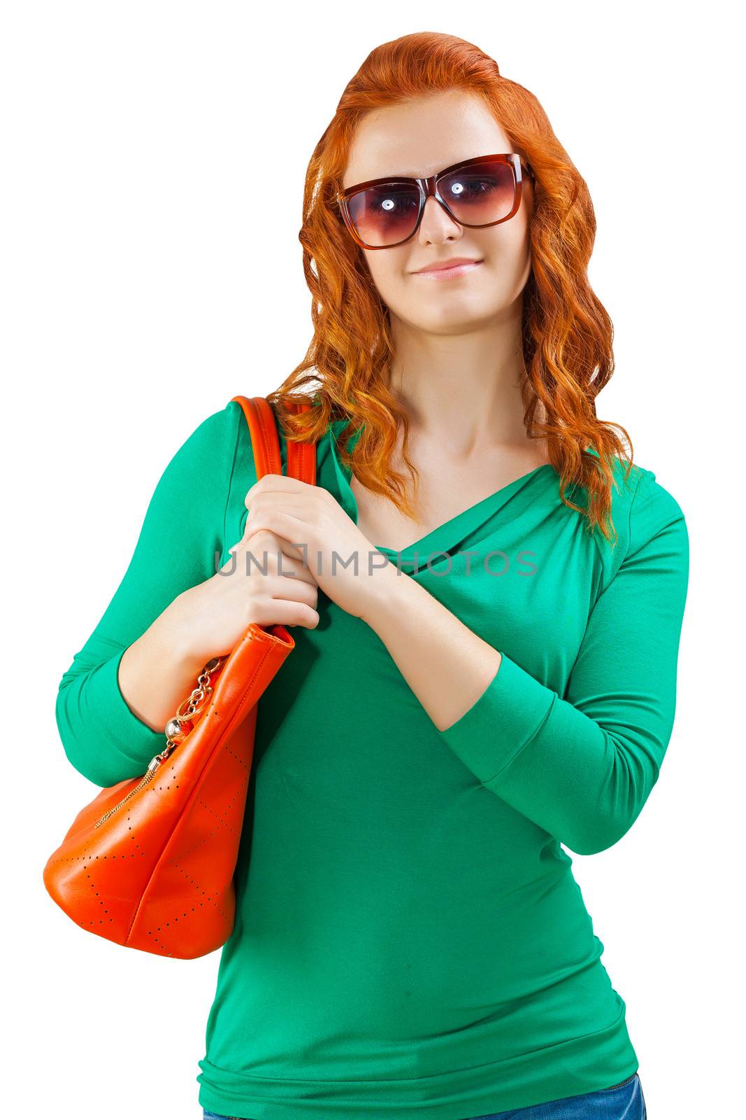 a red head girl with handbag