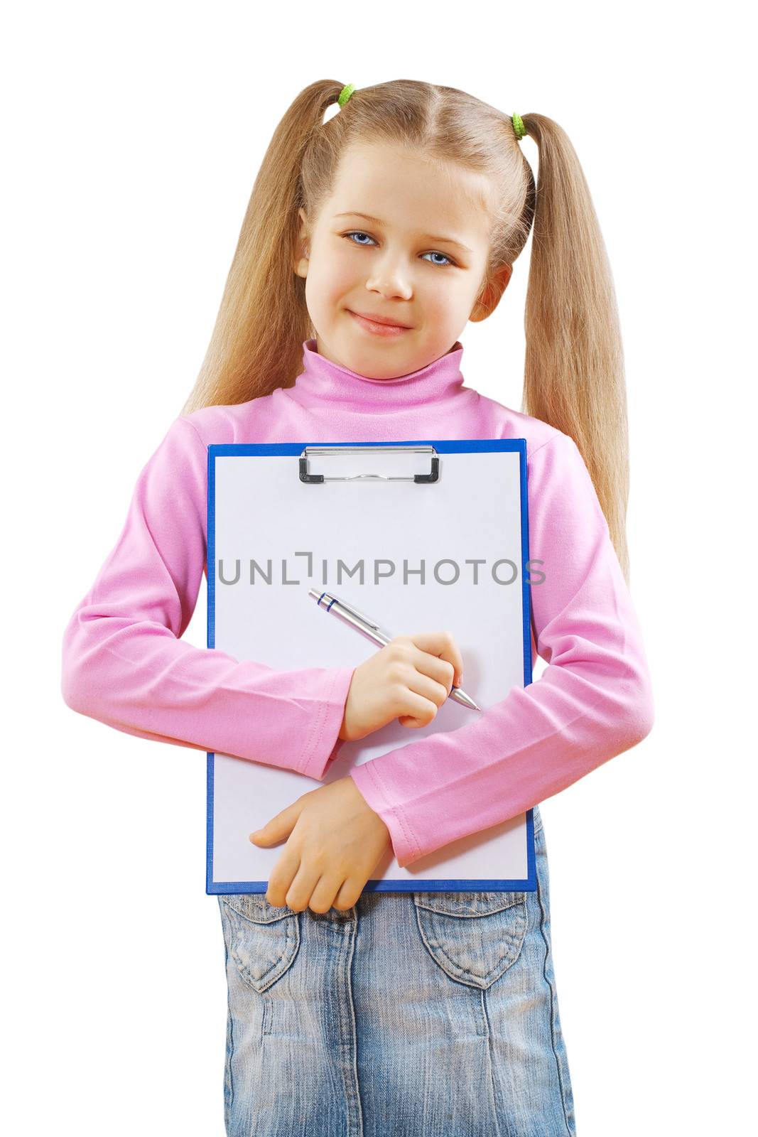 a schoolgirl holding clipboard and ballpoint pen by mihalec