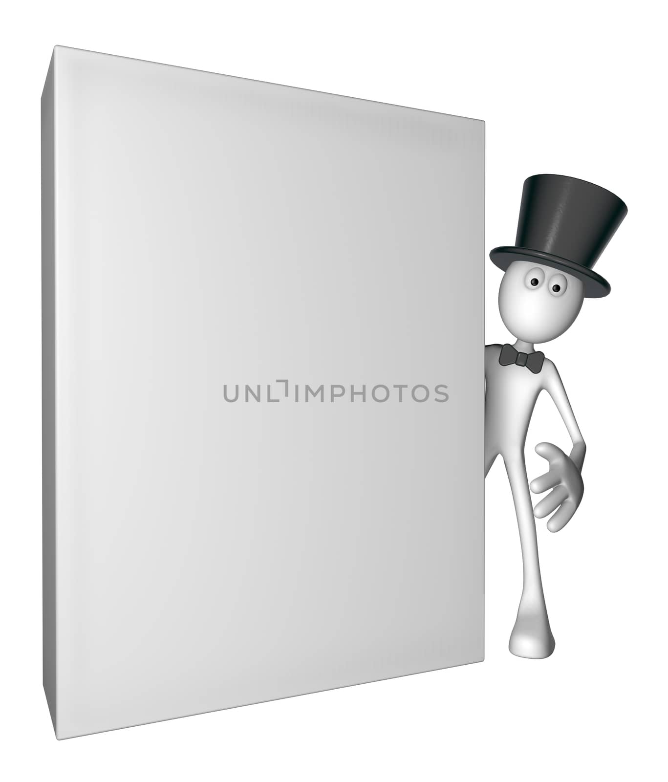 white guy with topper and blank box - 3d illustration