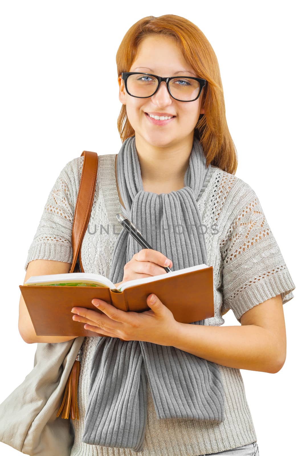 a smiling hipstergirl with notepad by mihalec