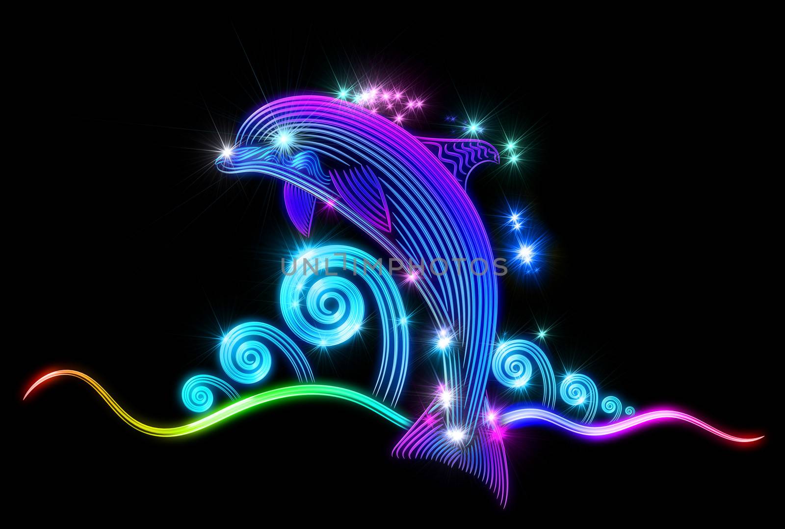Beautiful swimming dolphin jumped from blue tropical ocean and slides on waves with bubbles and splashes of water. Water drops refract sunlight as a prism and visually similar to the shining stars.