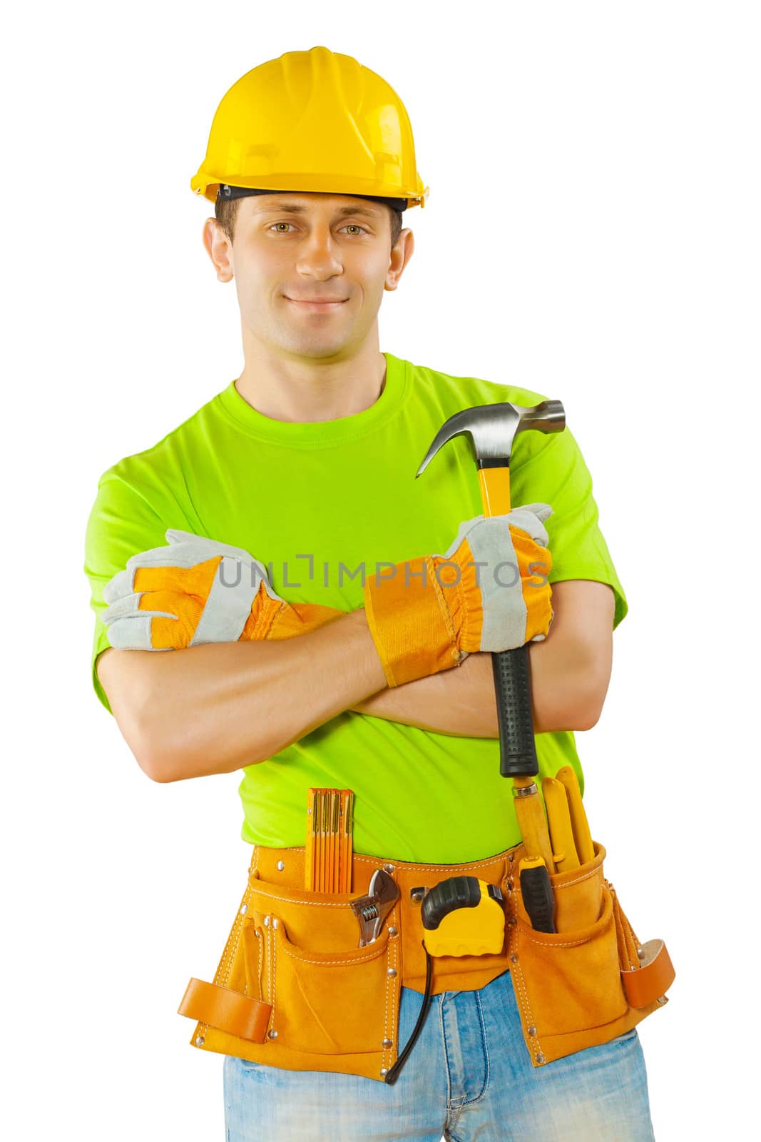 a worker holding hammer