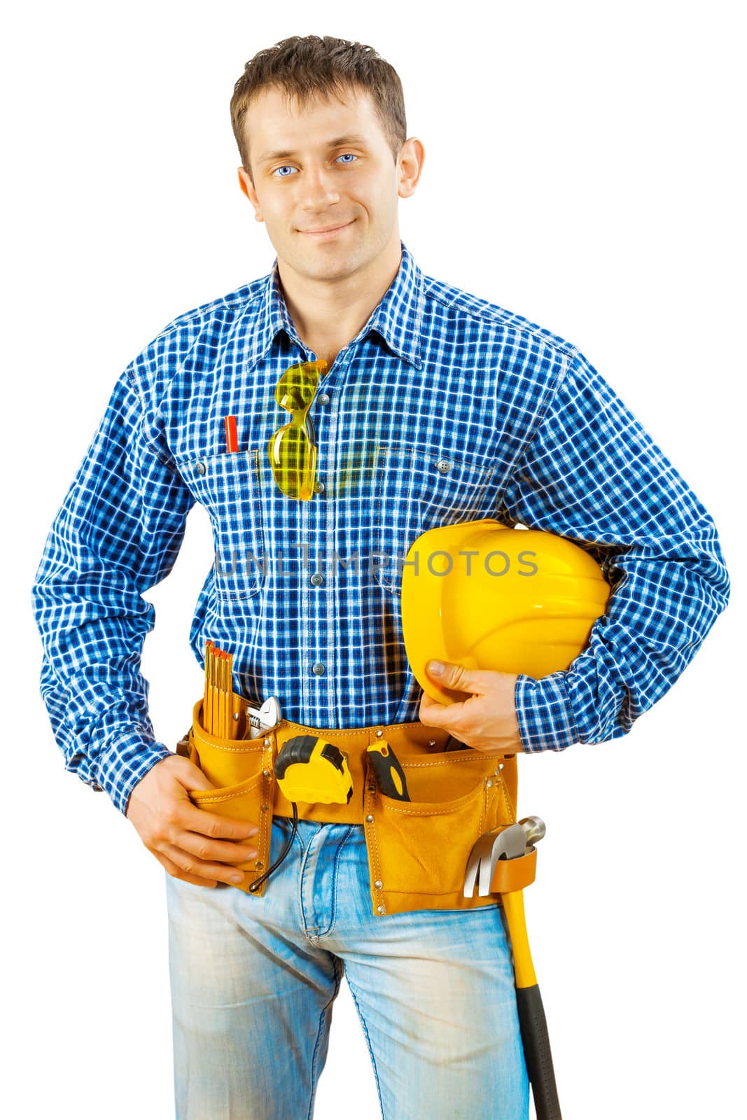 a worker holding helmet isolated by mihalec