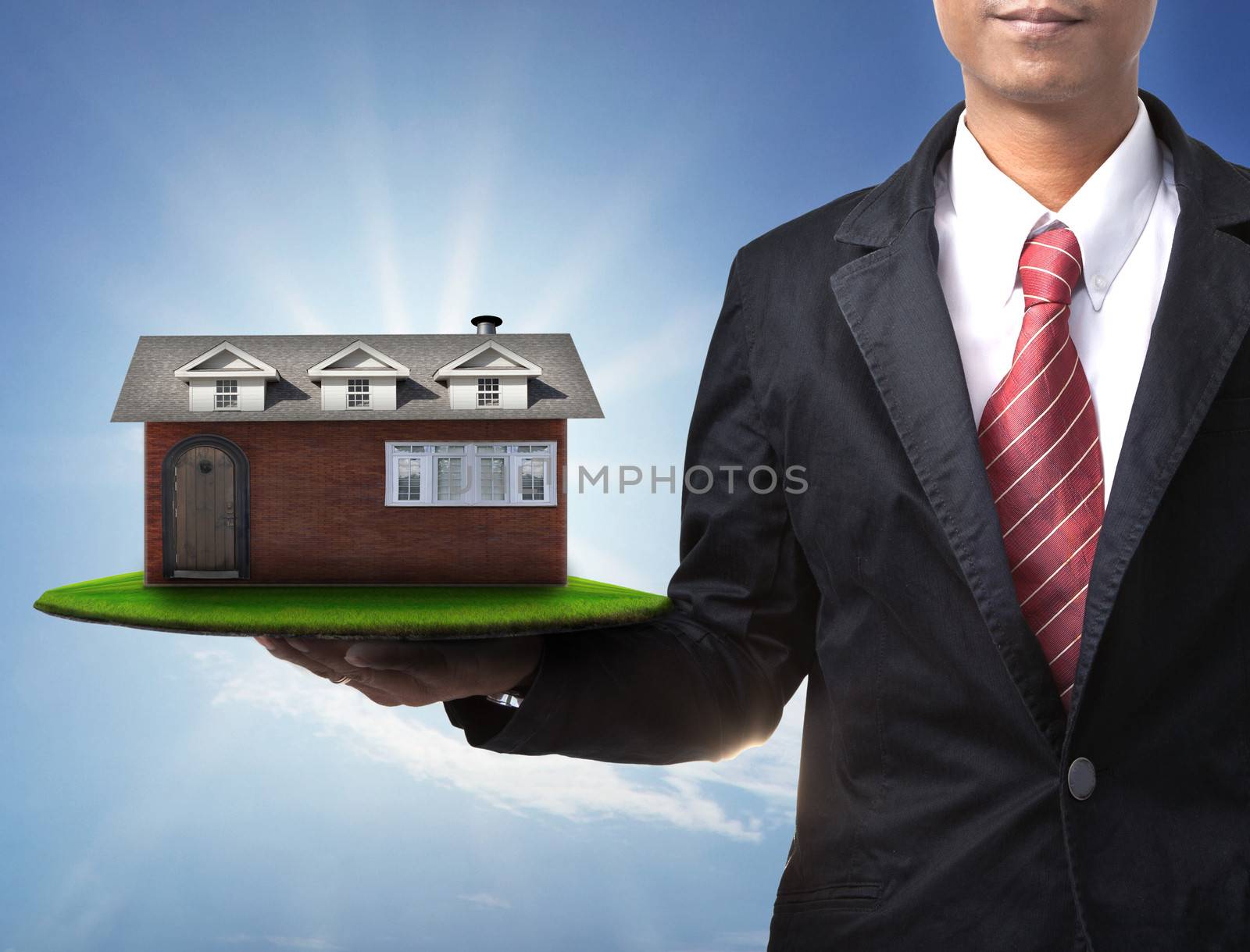 business man and new home on green field