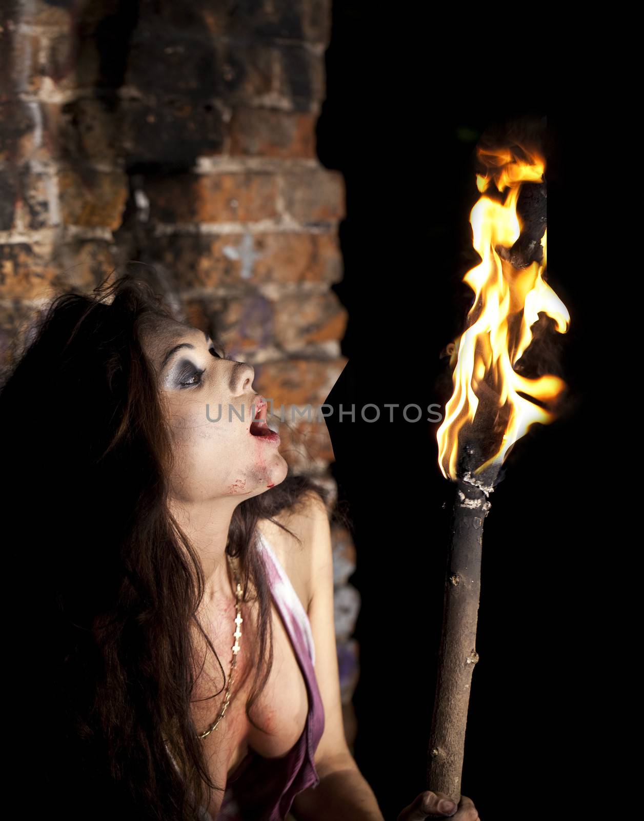 Mysterious sexy woman with torch in hand