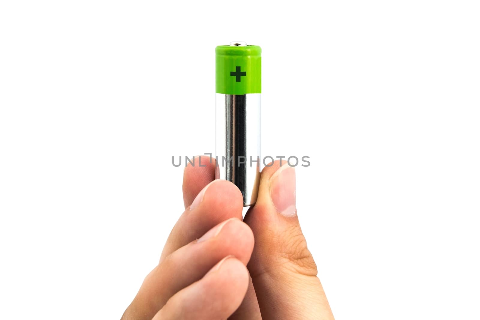 Man hand with battery on white isolated  by simpson33