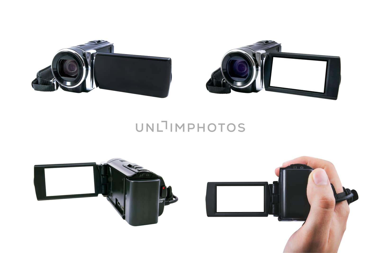 High definition camcorder set with view screen, isolated on white 