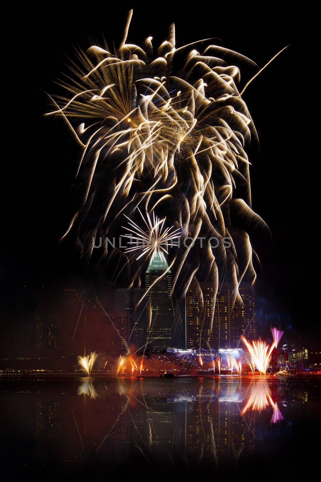 Fireworks over Marina bay in Singapore on National day