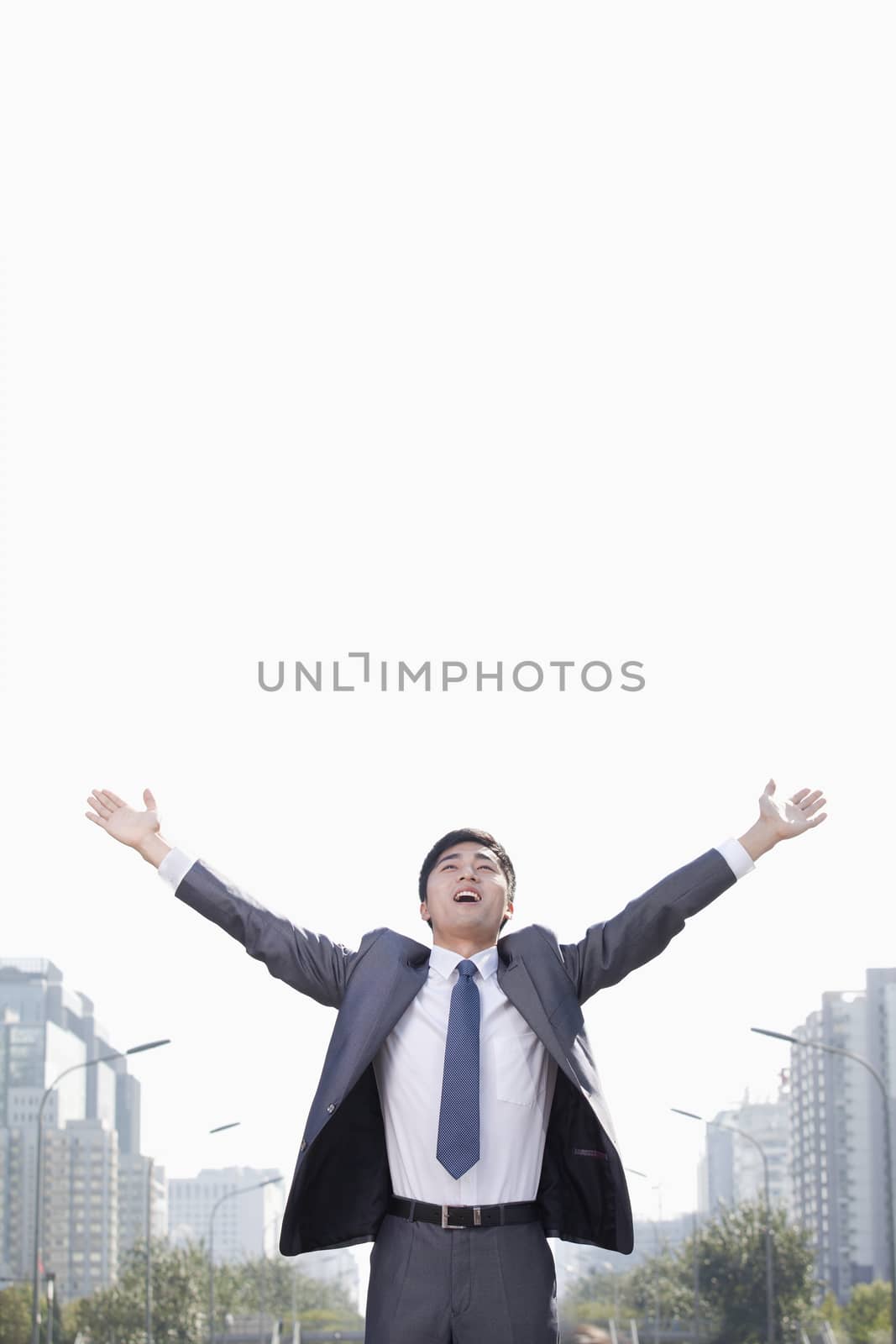 Young Businessman with Arms Raised