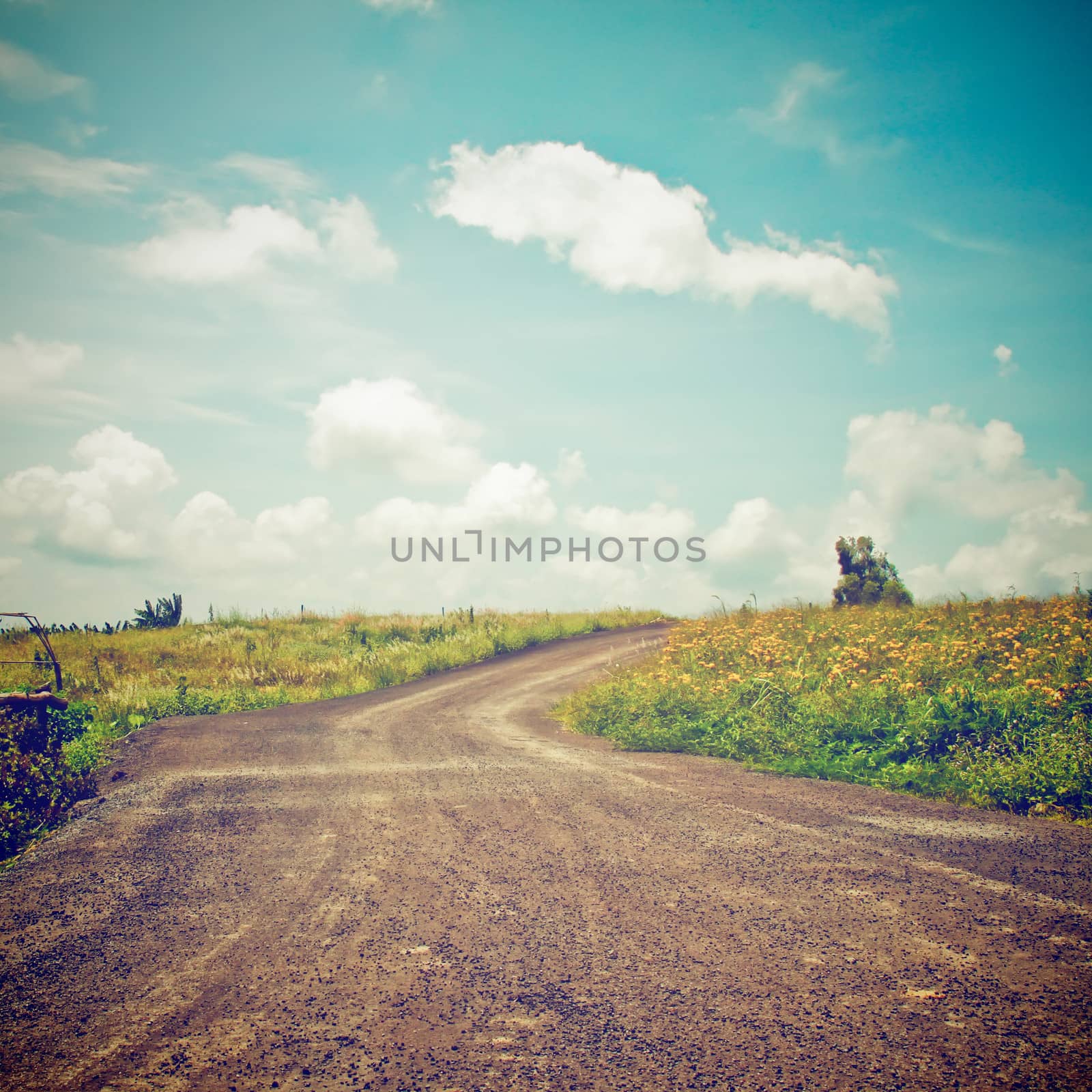 Landscape of the road to the hill with retro filter effect by nuchylee