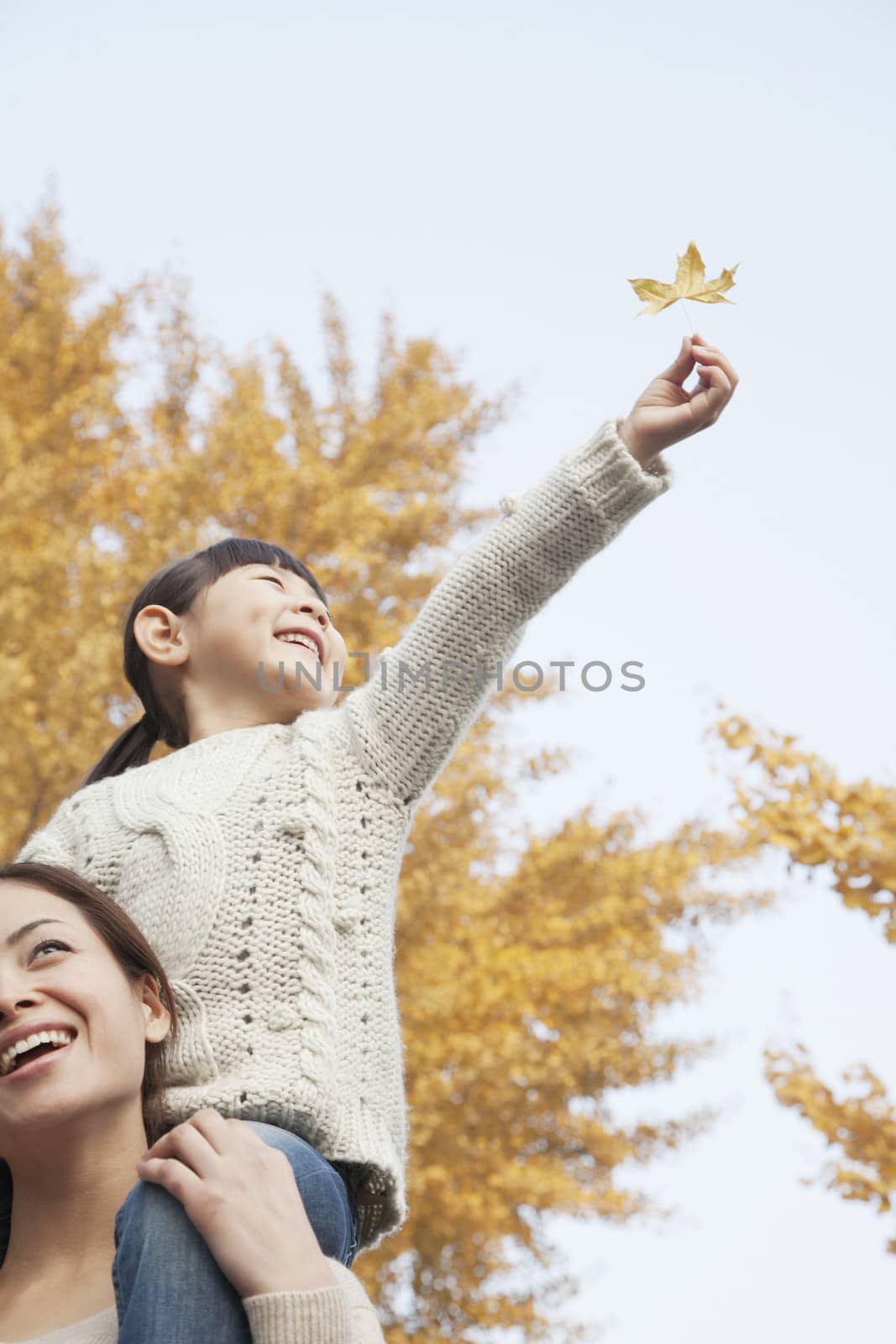 Daughter Riding Piggy-Back on Mother's Shoulders Enjoying Autumn Leaves
