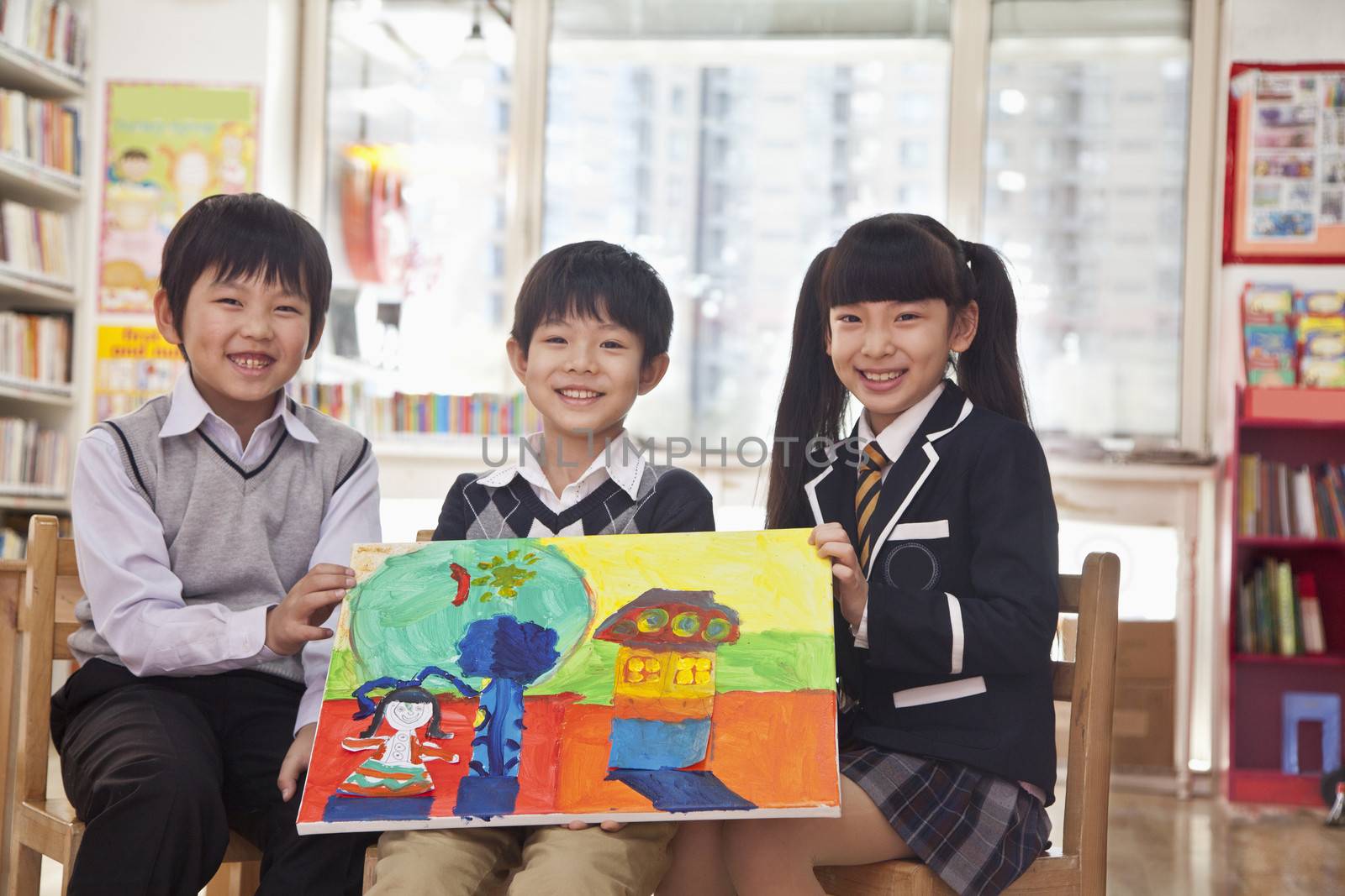 Portrait of three students with a painting  by XiXinXing