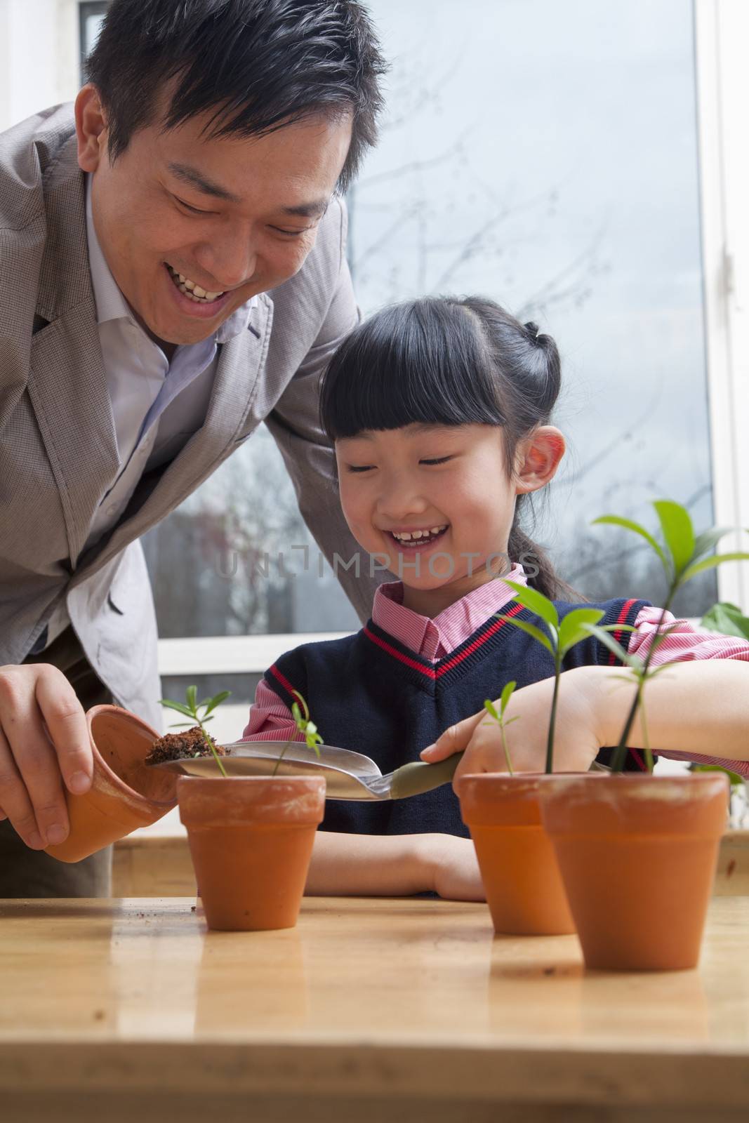 Teacher and schoolgirl planting plants into flower pots by XiXinXing