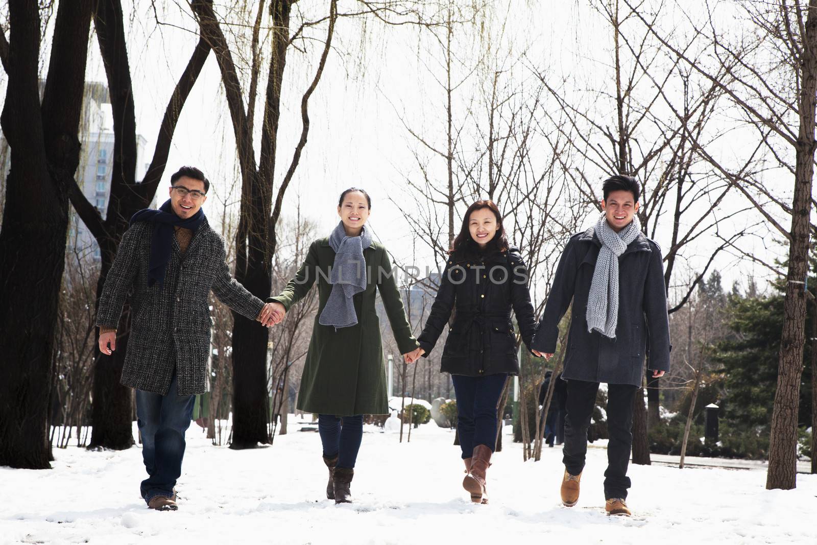 Couples holding hands in park covered in snow
