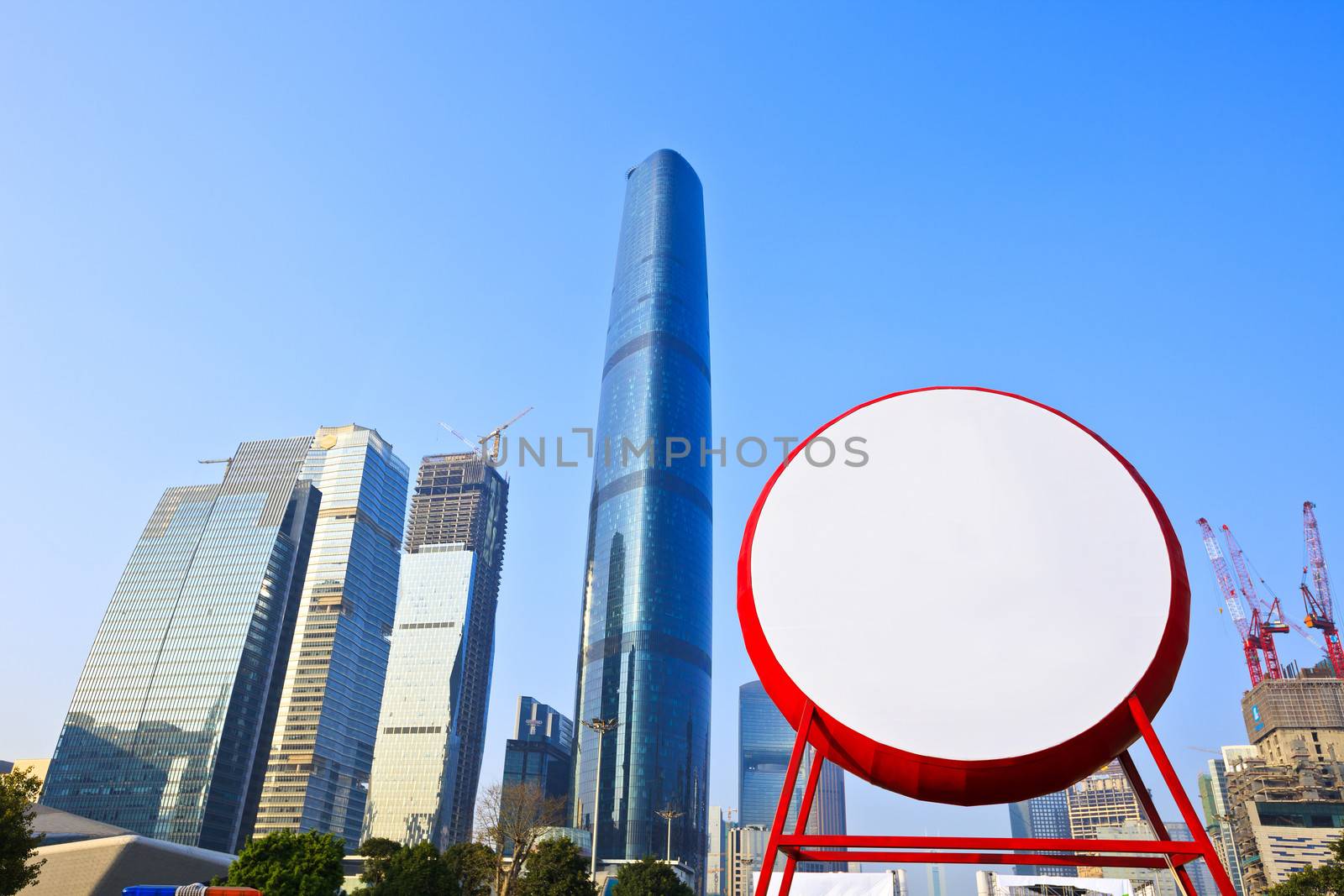 Blank drum in modern city with buildings background by kawing921