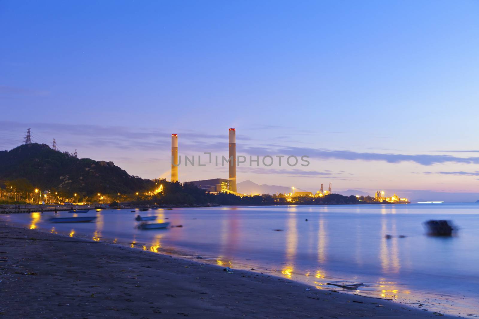 Industrial power plant night landscape with lights by kawing921