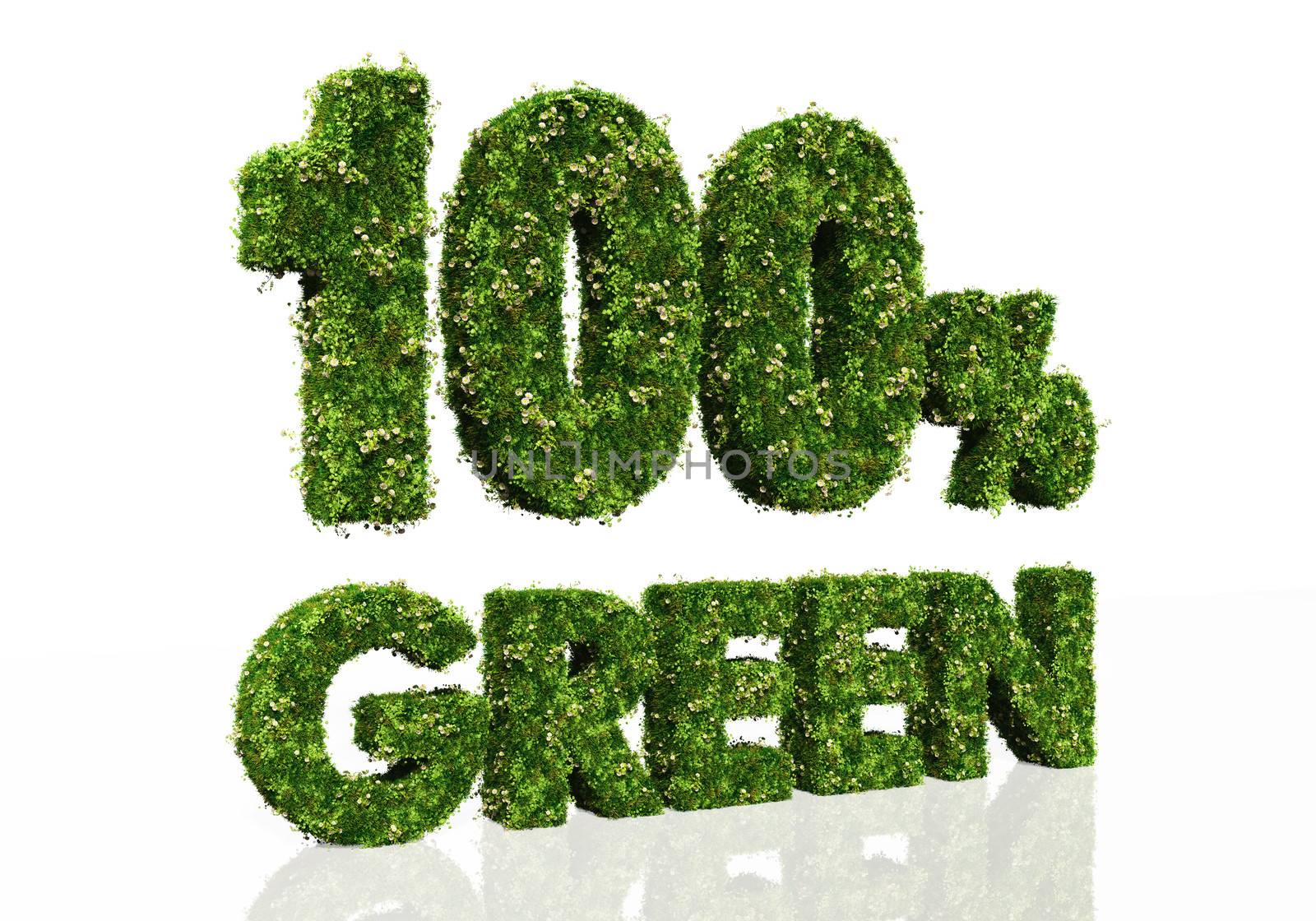 the three dimensional words "100%" and "green", one above the other, are covered by grass and flowers, on a white background