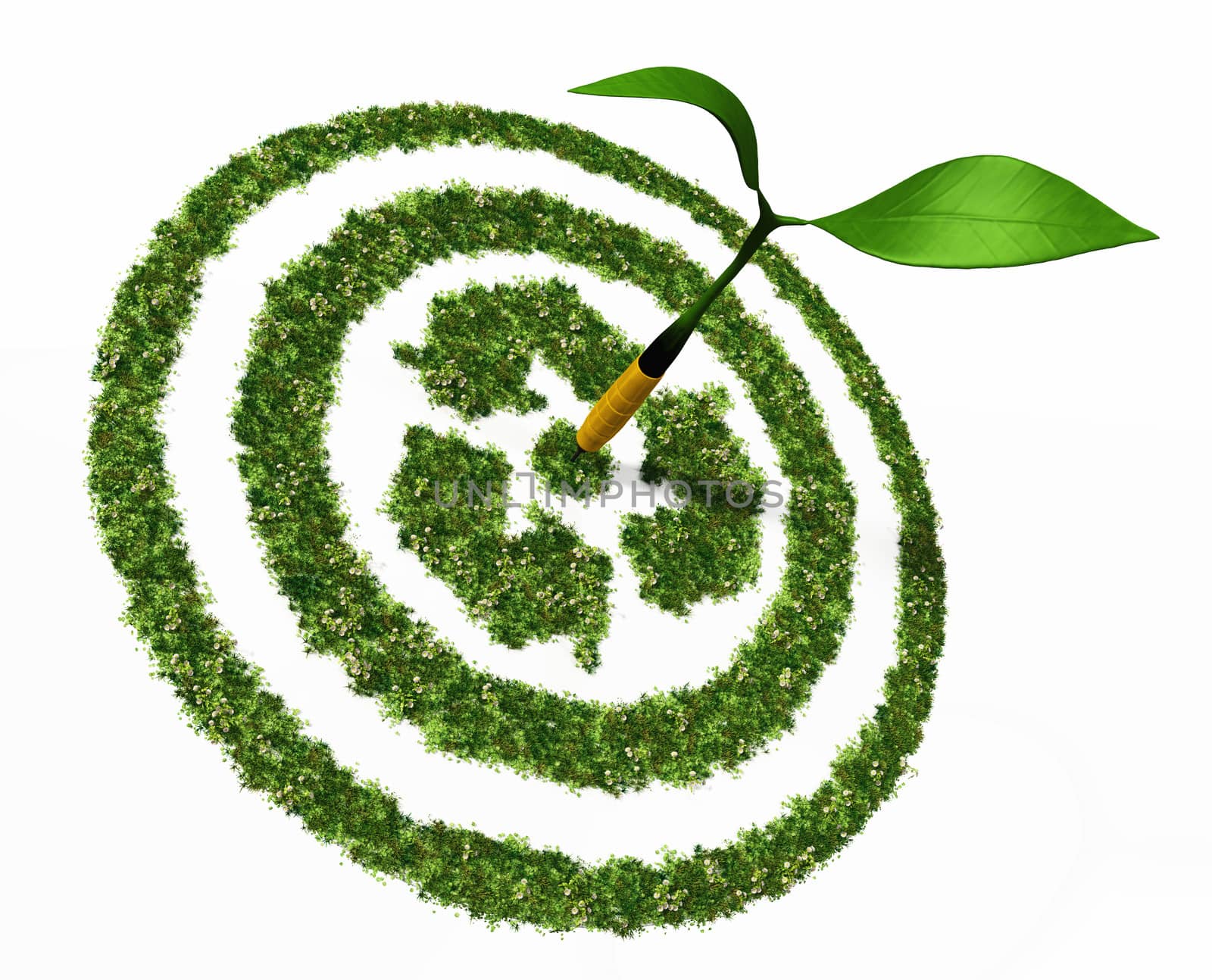 a view of a dartboard made by grass and flowers with a recycling symbol in the center, shows a perfect shot of a dart formed by a small plant with two leaves on a white background