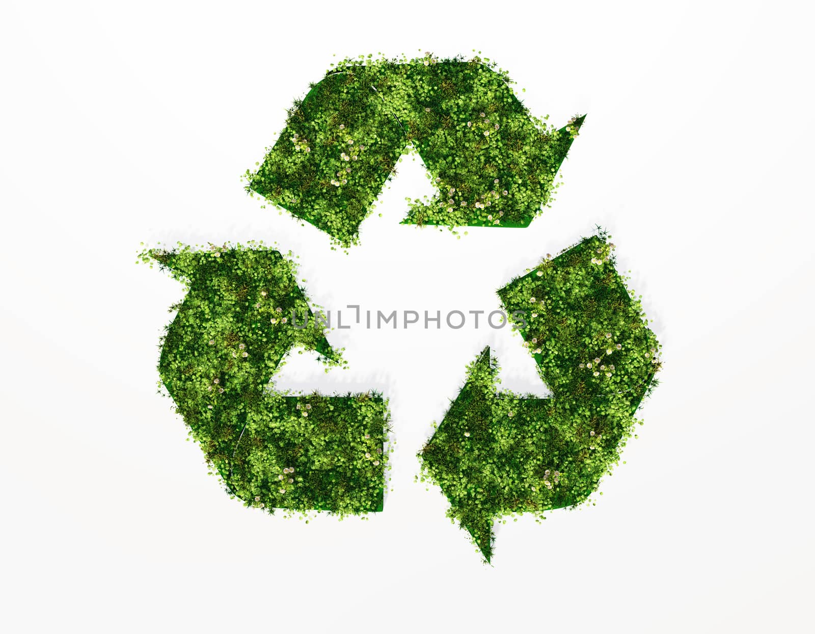 a top view of a recycling symbol covered by grass and flowers, on a white background