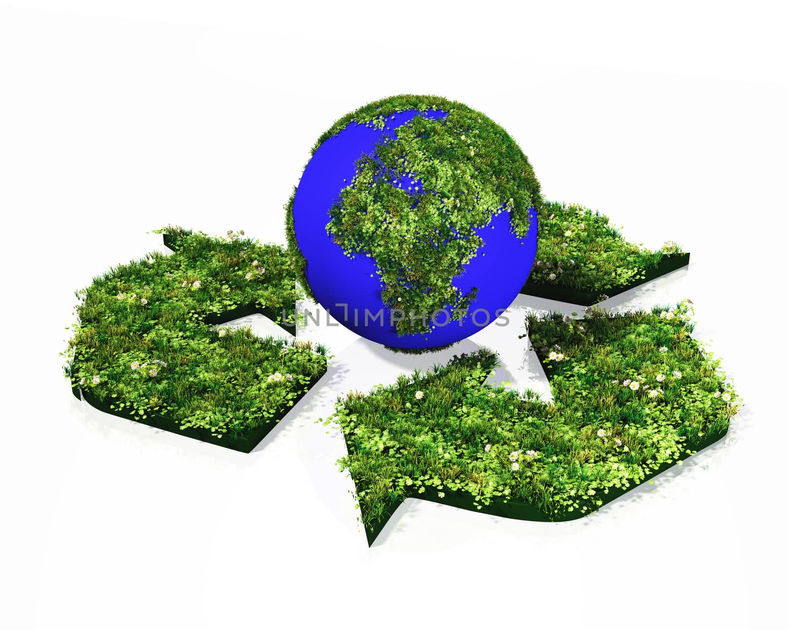 A world that shows the Europe and Africa continents made by grass and flowers, lies in the centre of a recycling symbol where grow grass and flowers, on a white background