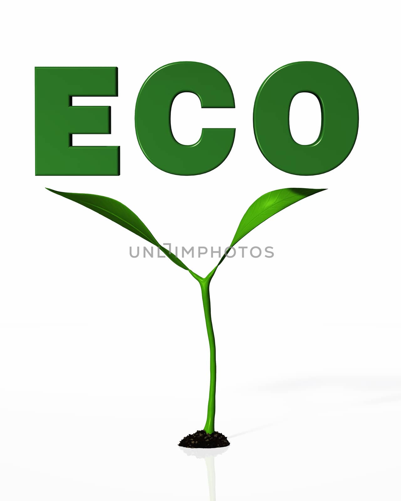 a young plant with some soil on the base in to a white ground has in suspended above its two leaves, a green word "ECO"