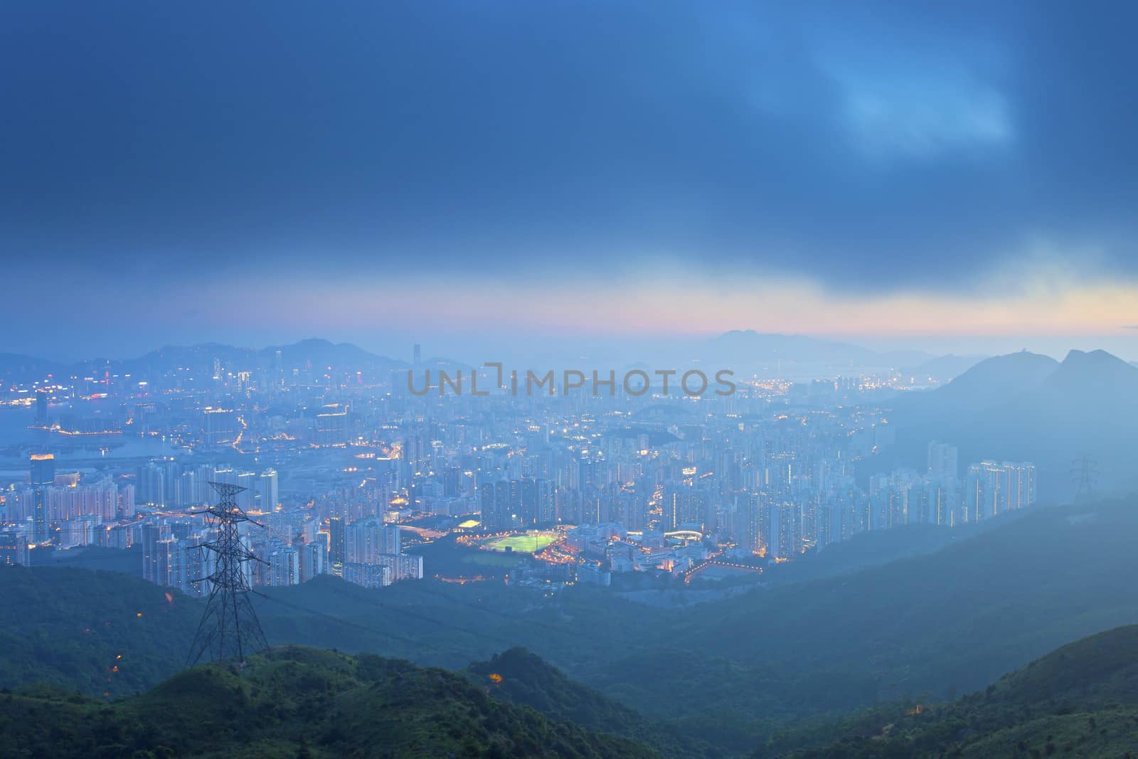 Kowloon downtown in Hong Kong under storm