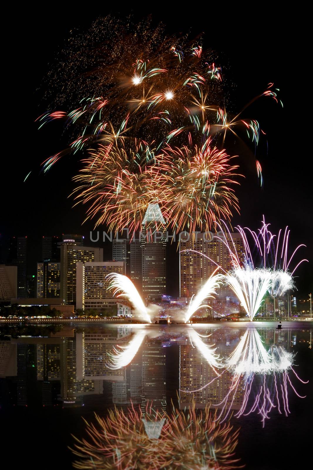 Fireworks over Marina bay in Singapore on National day