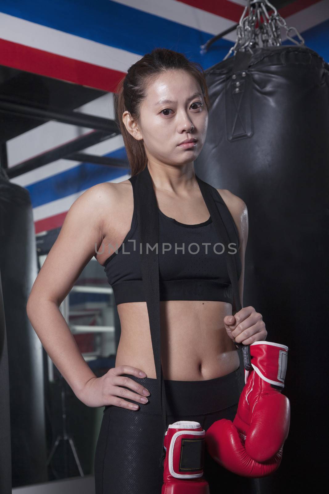 Portrait of determined female boxer with boxing gloves looking at camera 