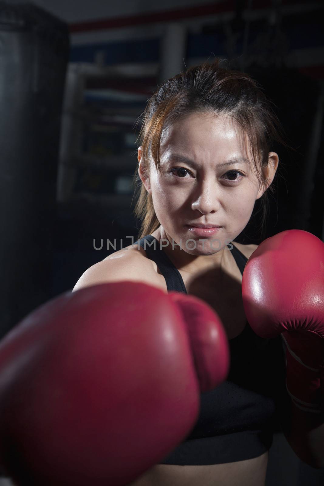 Portrait of determined female boxer in fighting stance looking at camera 