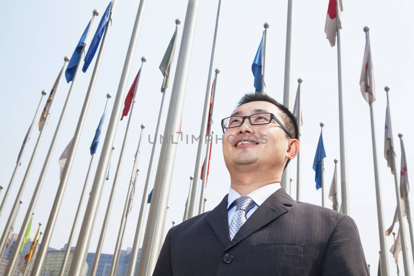 Portrait of smiling young businessman with flags