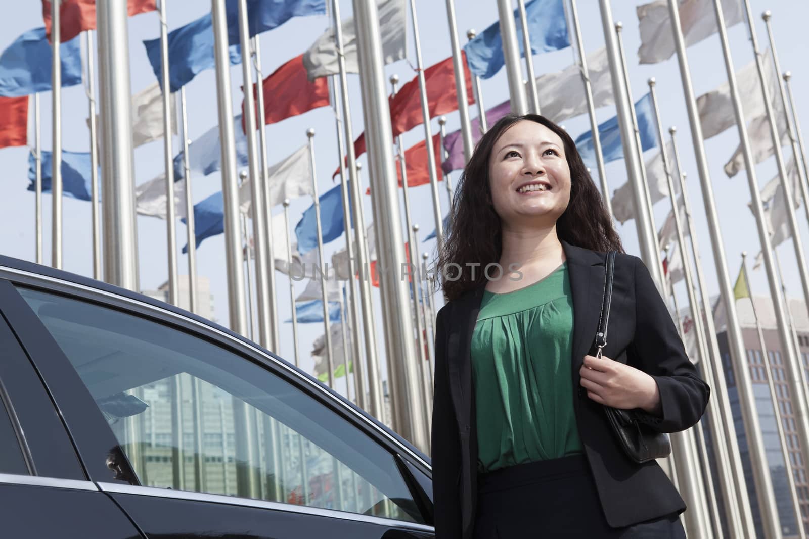 Businesswomen standing near car flagpoles in background.
