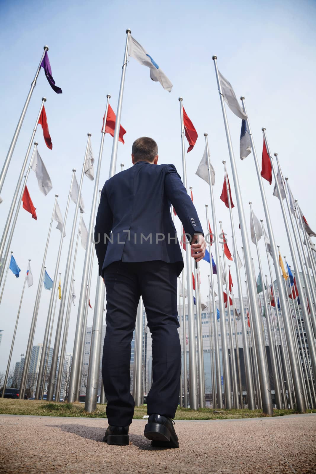 Rear view of businessman walking towards many flying flags by XiXinXing