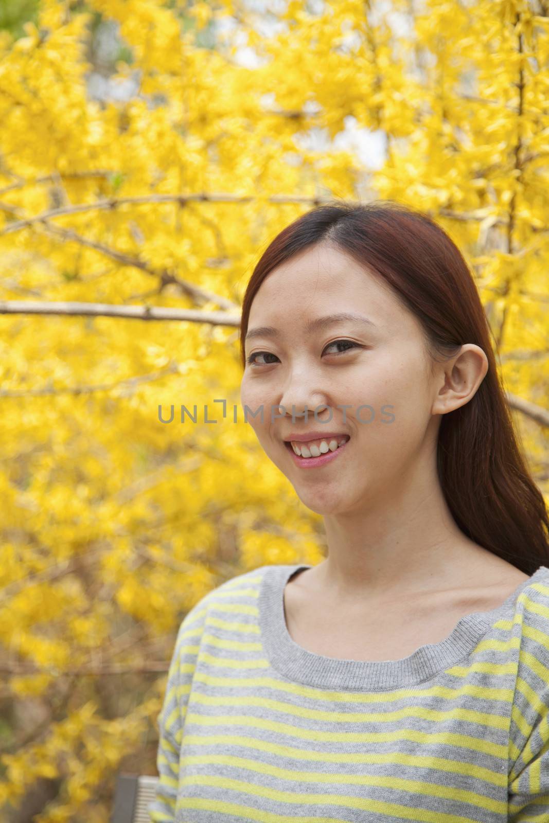 Portrait of smiling young woman with long hair outdoors in the park in springtime with yellow blossoms by XiXinXing
