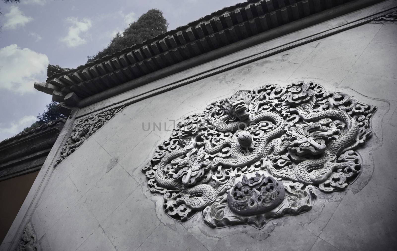 Ornate low relief sculpture of dragon on wall.