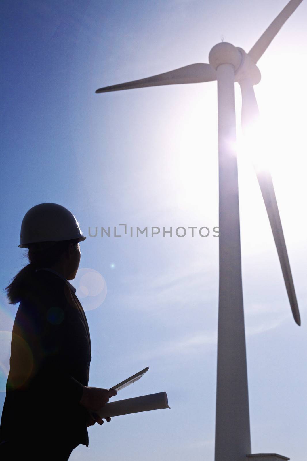 Young female engineer holding blueprints and checking wind turbines on site, silhouette by XiXinXing
