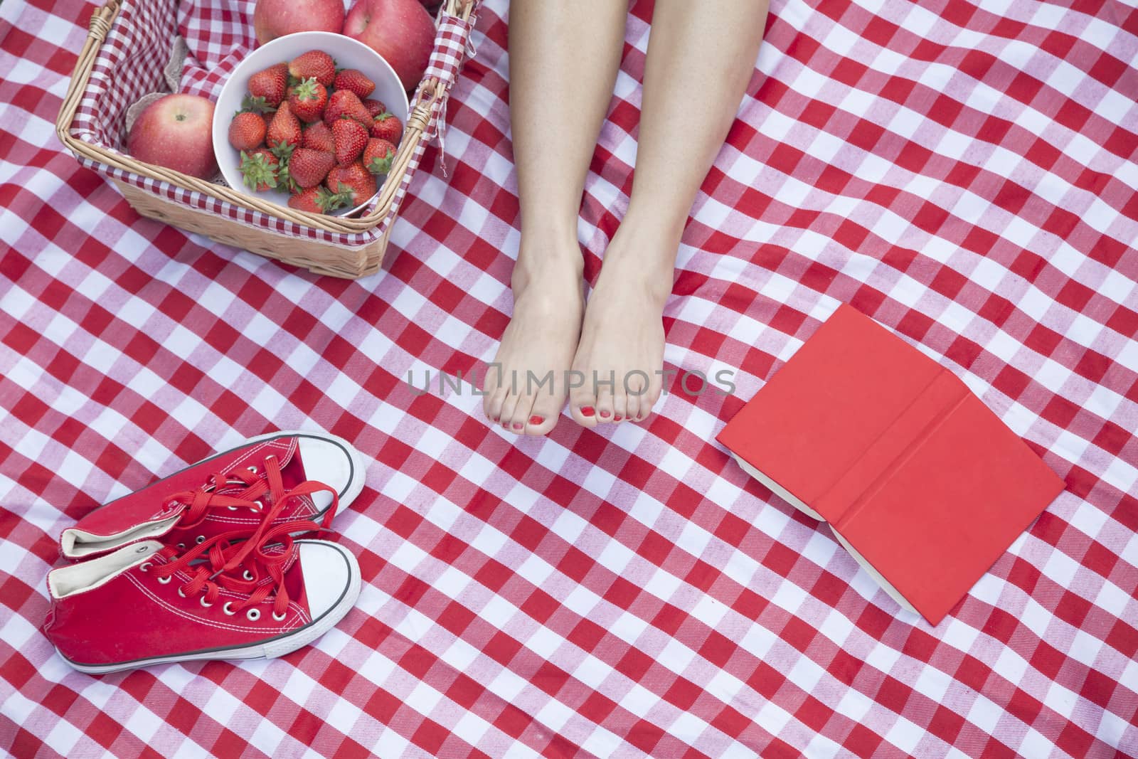 Young woman's feet on a checkered blanket with a picnic basket, shoes, and a book 