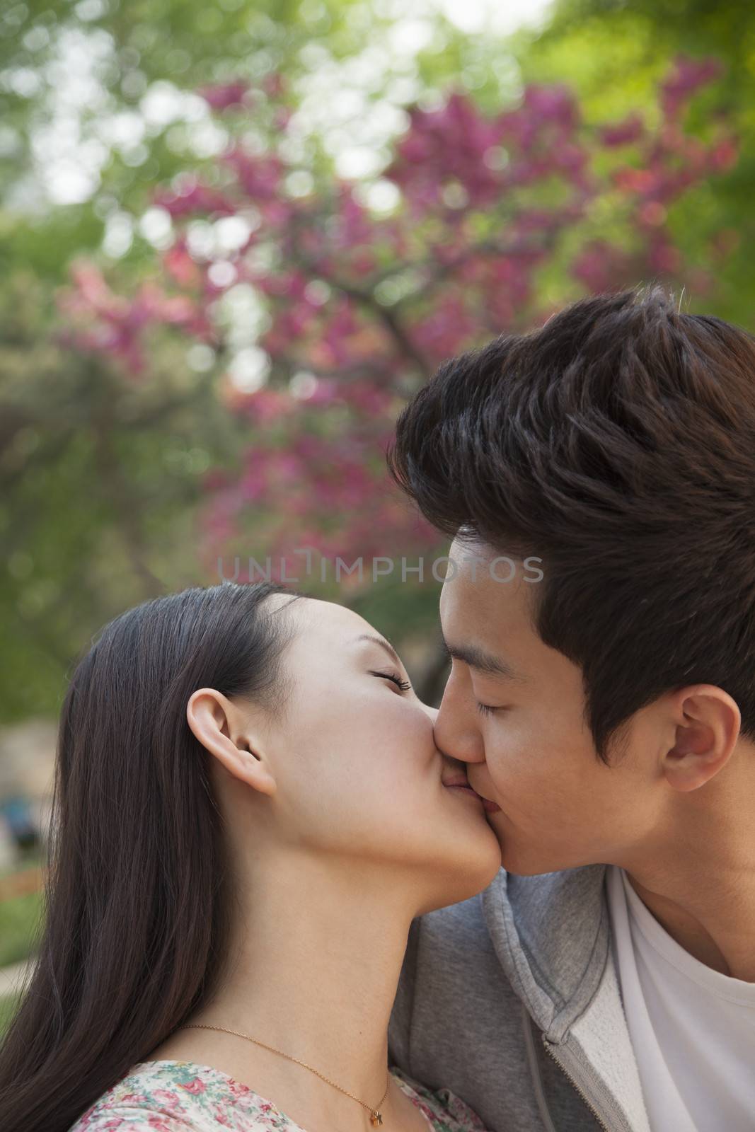 Young couple in love and kissing outdoors in the park