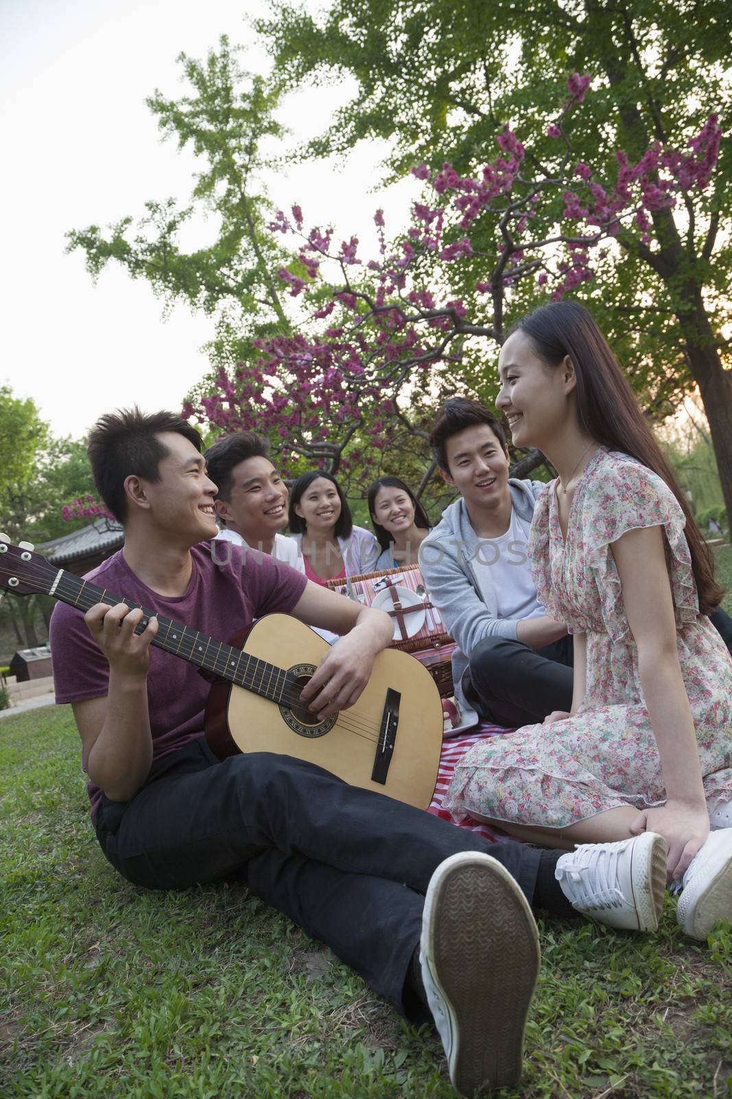 Six friends having a picnic and hanging out in the park, playing guitar and talking by XiXinXing