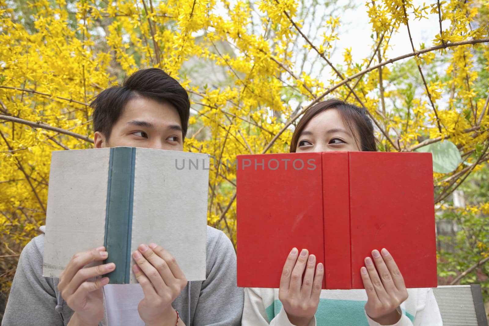 Young happy couple looking at each other over the top of their books, outdoors in spring