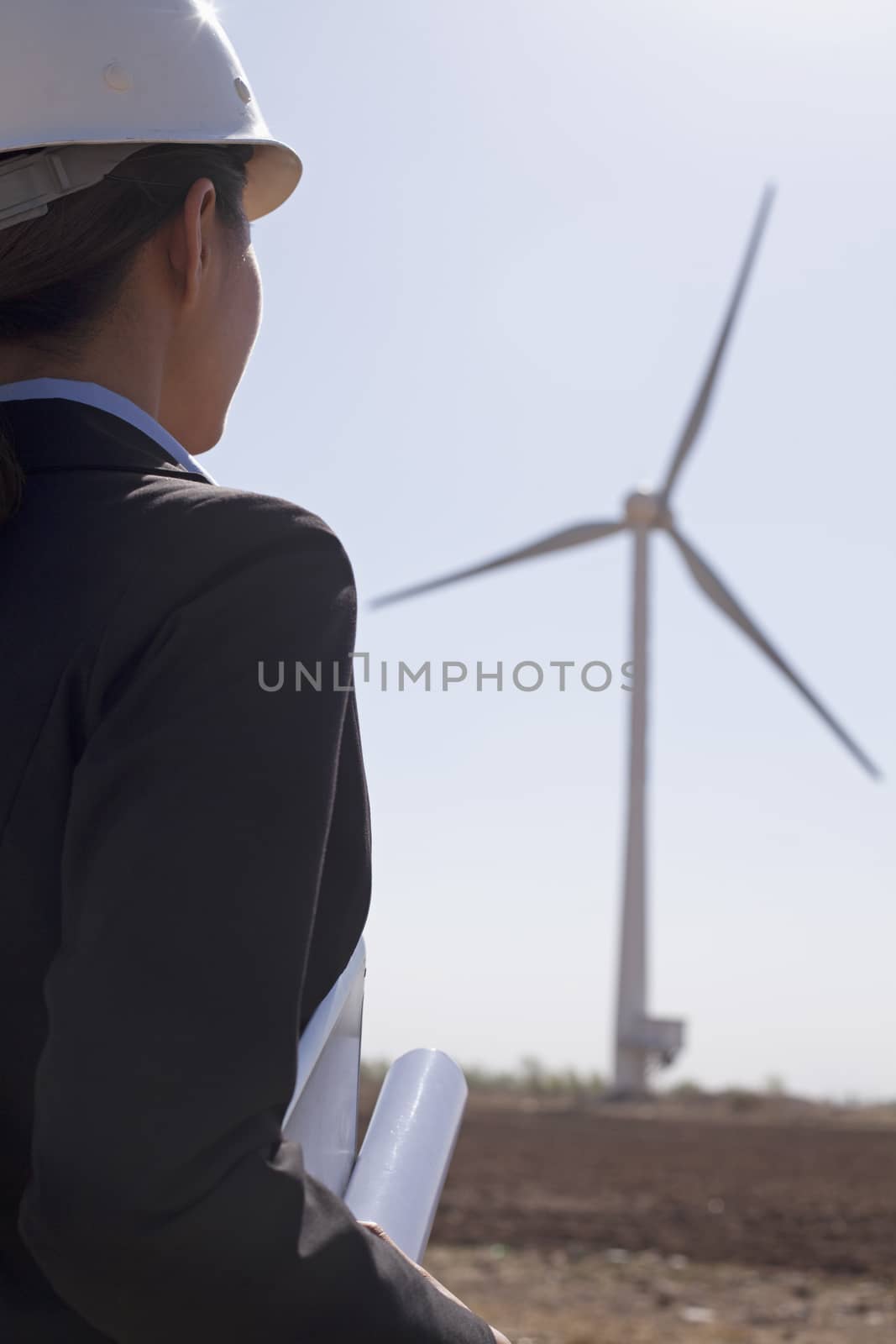 Young female engineer holding blueprints and checking wind turbines on site, rear view by XiXinXing