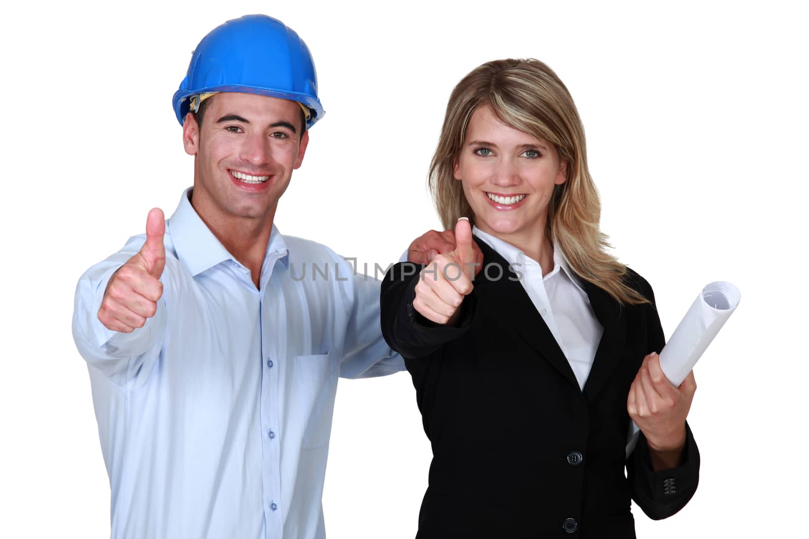 Male and female architect thumbs' up