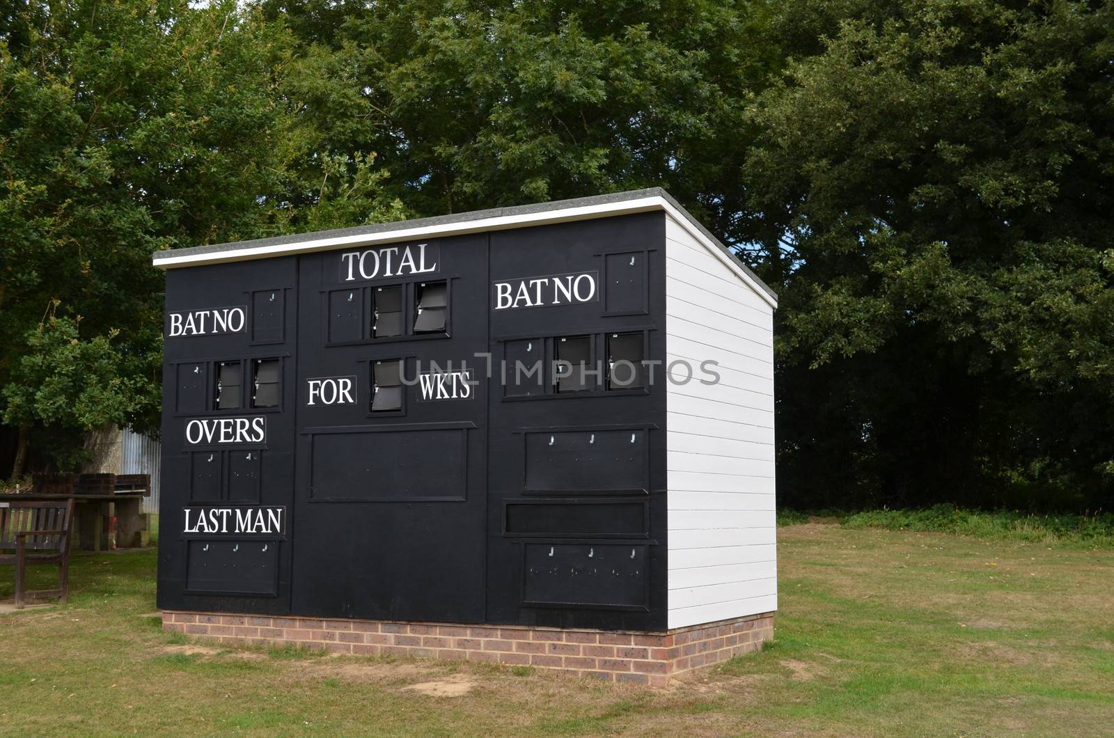 Cricket scoreboard hut at an English County cricket ground.