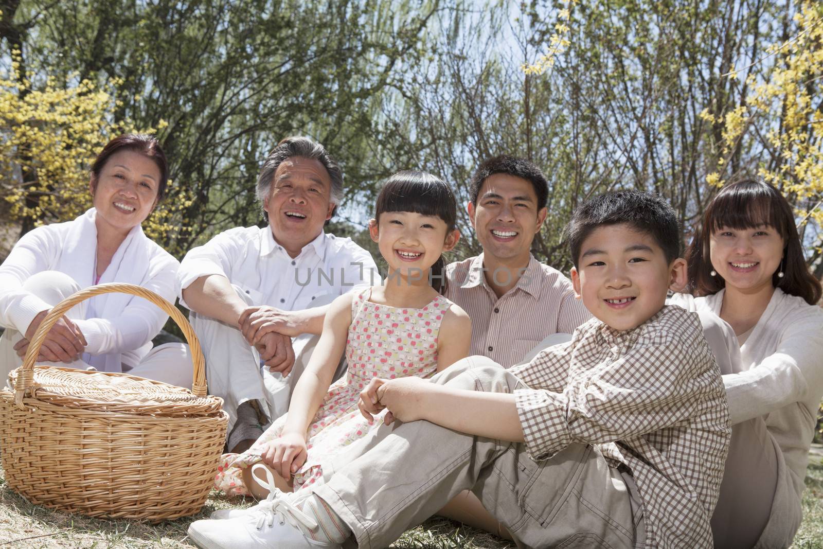 Portrait of a multi-generational family having a picnic and enjoying the park in the springtime by XiXinXing