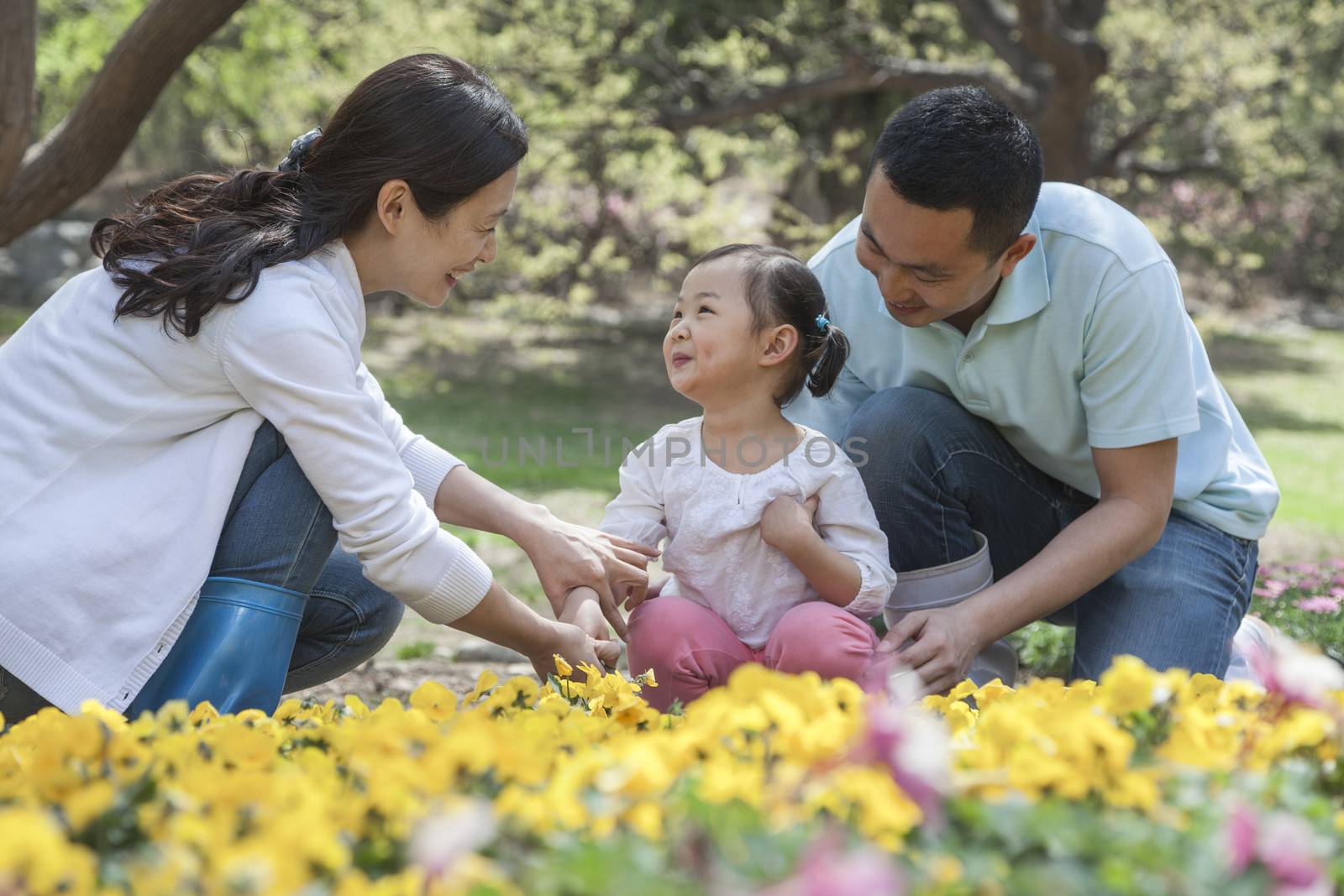 Family sitting in flower garden. by XiXinXing